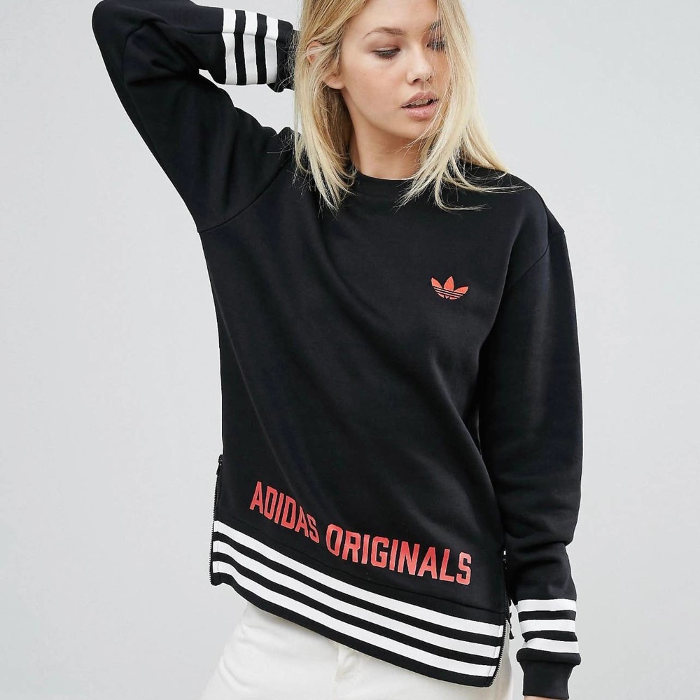 Adidas Originals Unisex Sweatshirt Small Black Stripes Embroidered Trefoil Logo